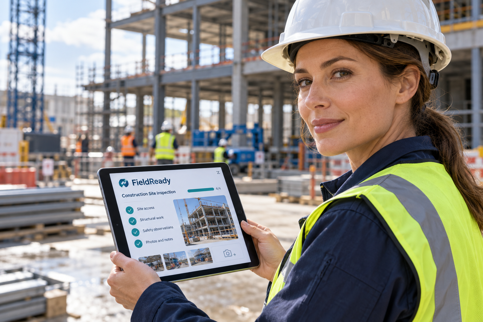 Woman construction inspector wearing a hard hat and using FieldReady on a tablet